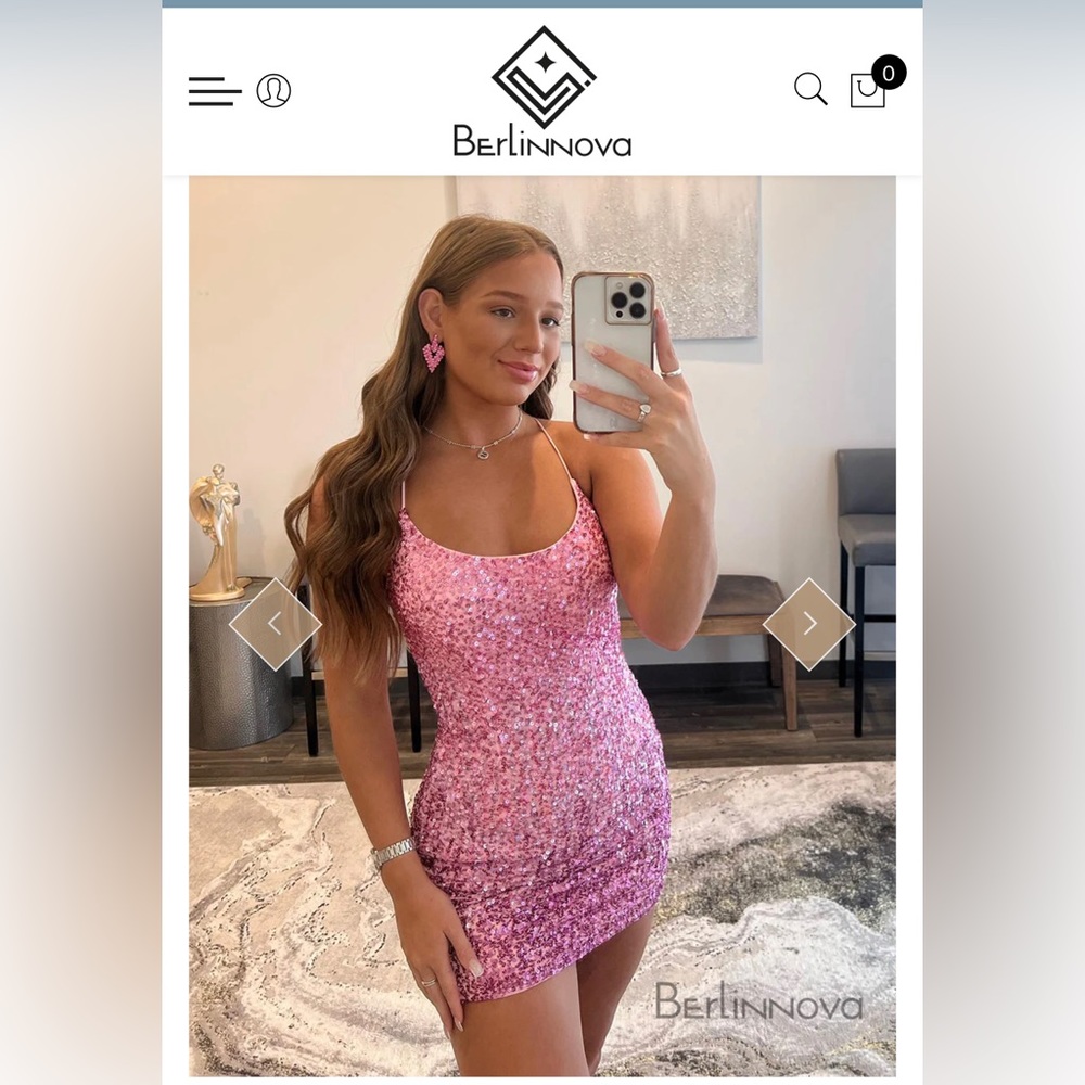 NEW Berlinnova Glitter Ice Pink Spaghetti Straps Homecoming Dress W Sequins S/6